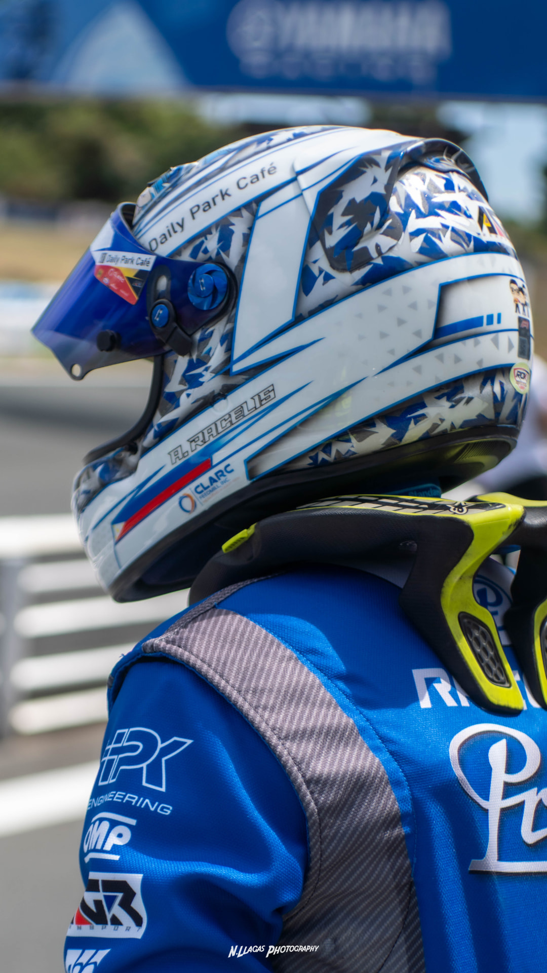 Antonio Racelis in profile wearing his racing helmet